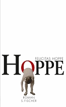 Buchcover von "Hoppe". Weißer Hintergrund, fett gedruckt der Titel "Hoppe" und eine Figur, die sich verbeugt.